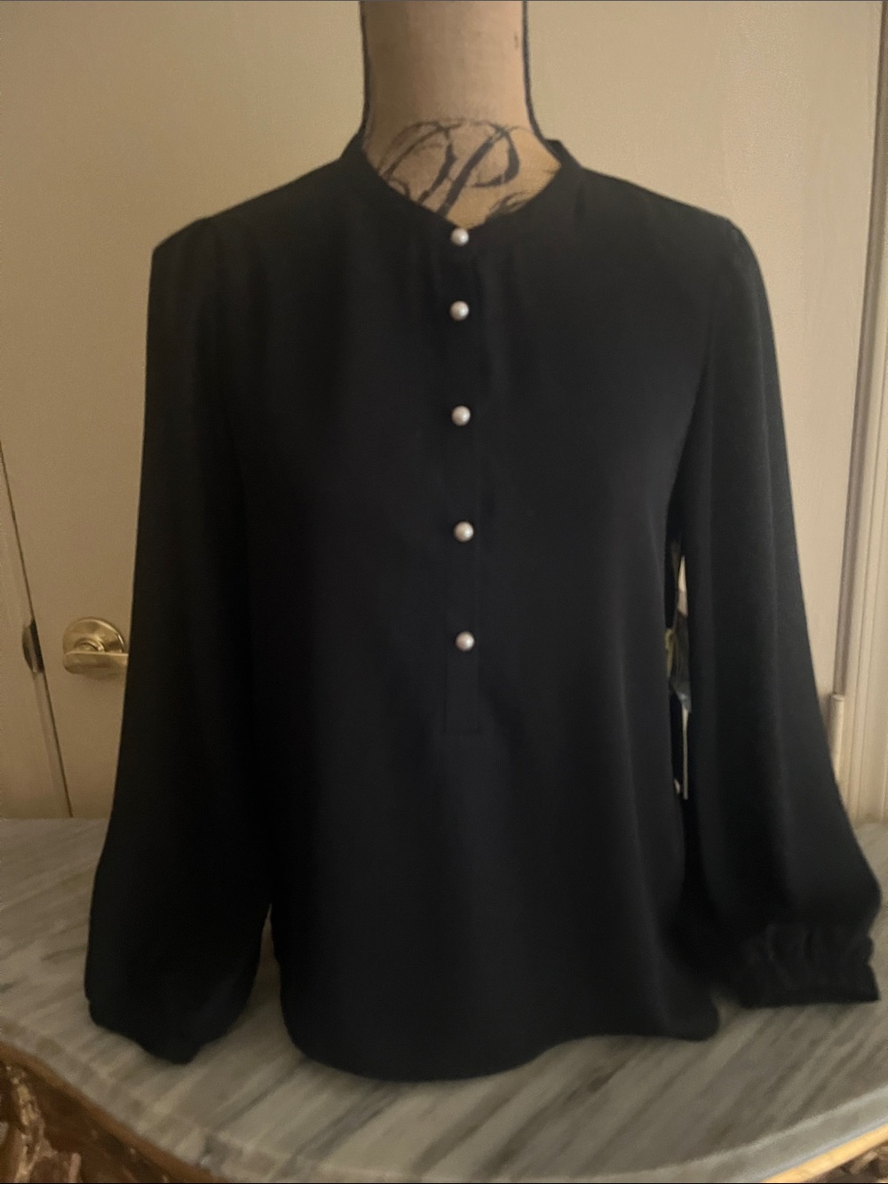 CeCe Black Blouse with Pearl Buttons
